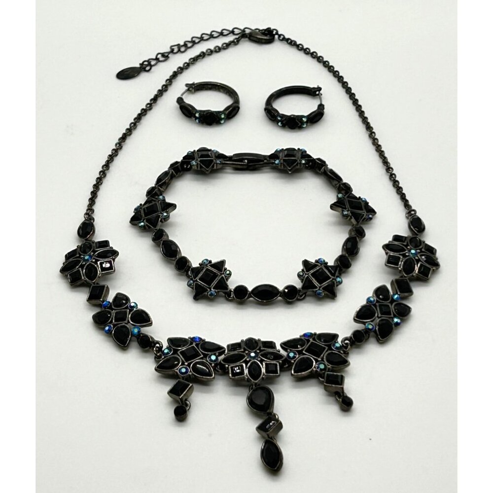 Black Glass Necklace Set Blue Aurora Borealis Crystals Earrings Bracelet Gothic - Picture 2 of 13